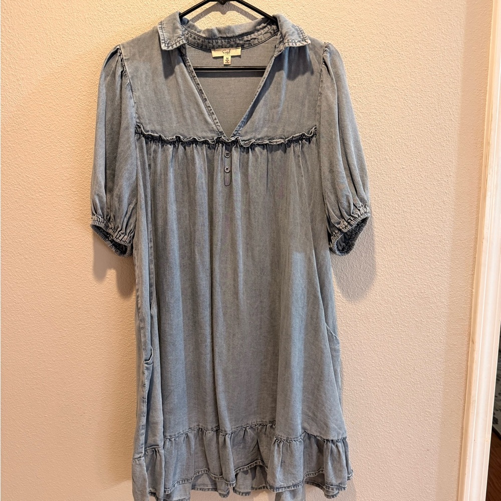 easel Washed Blue Denim Midi Dress